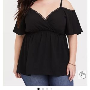 Torrid LACE TRIMMED COLD SHOULDER SURPLICE TOP